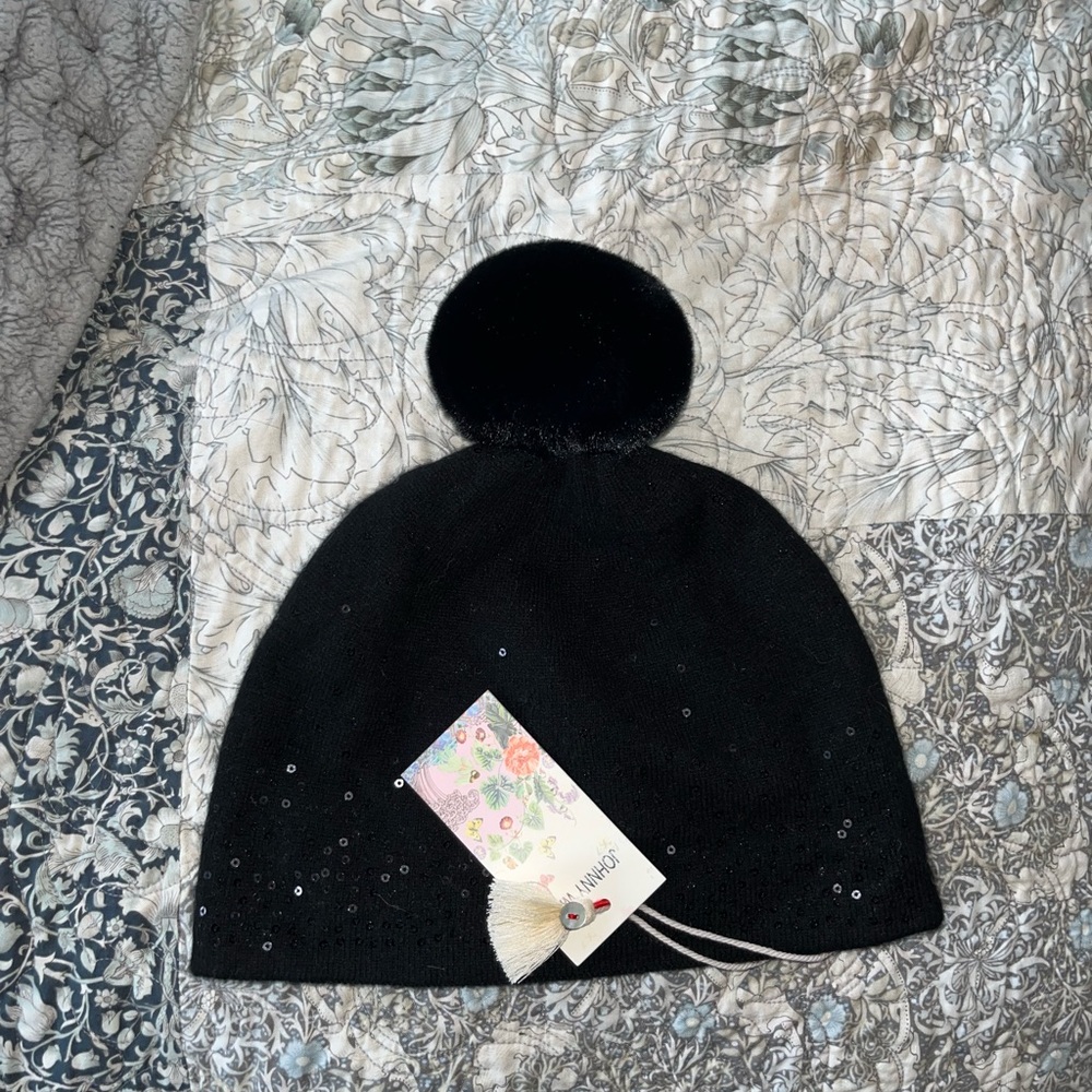 Johnny Was Cashmere Sequined Black Beanie